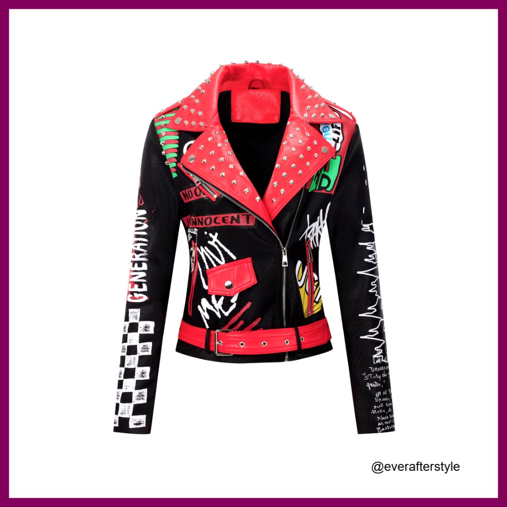 Faux Leather Moto Jacket Studded Floral Rivet Biker Chic Punk Style
